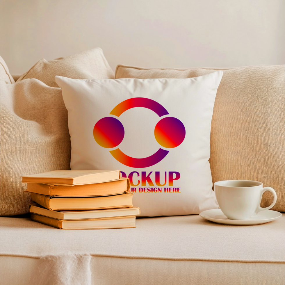 Cozy Home Decor Branded Pillow Mockup on Sofa with Books and Coffee psd