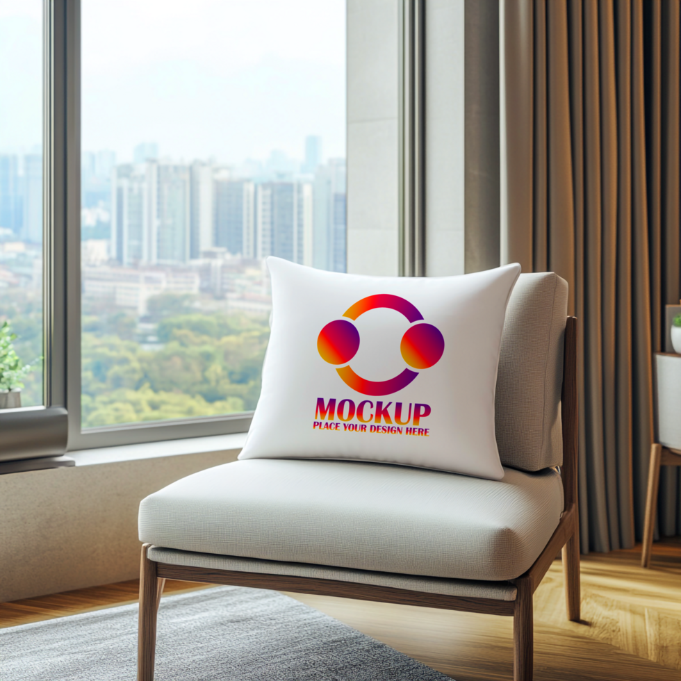 Modern Minimalist Pillow Design BuySell Logo on Cushion in Chic Home Setting psd