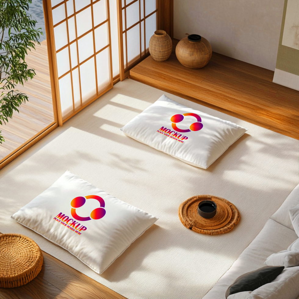 Serene Minimalist Bedroom JapaneseInspired Design with Custom Pillows psd