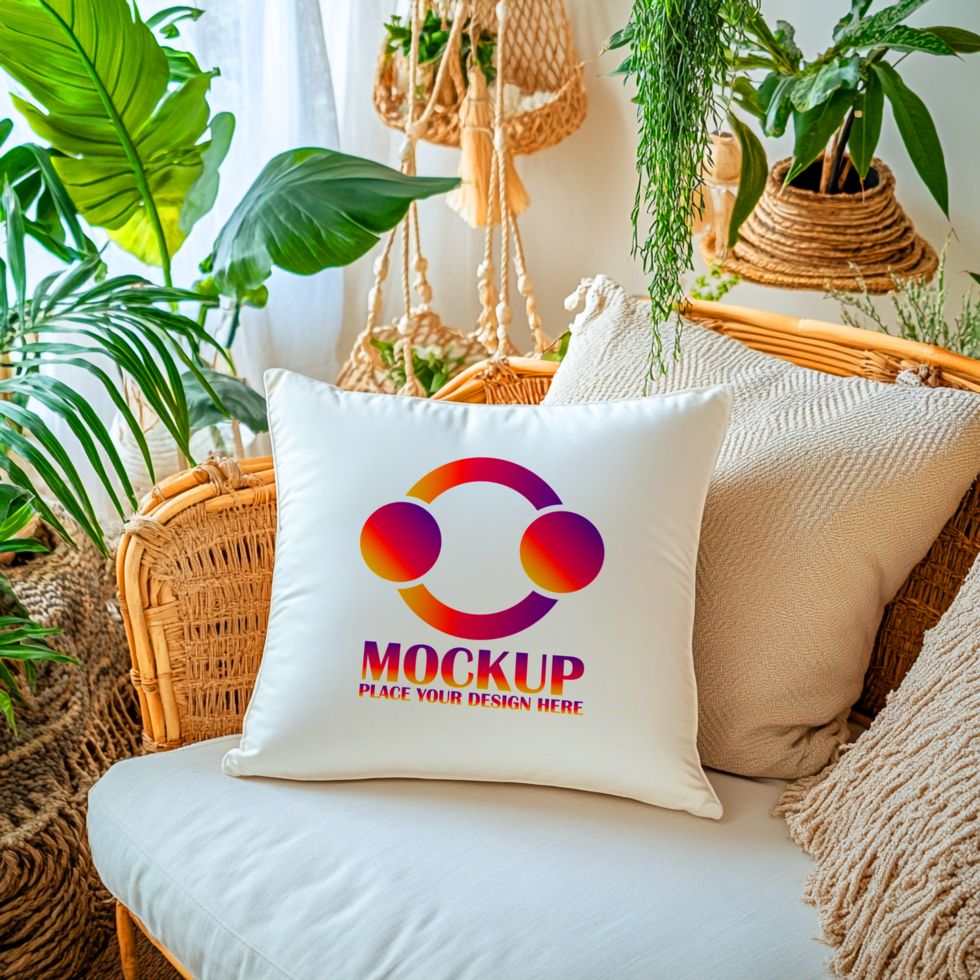 Brand Logo Presentation Vibrant Pillow Mockup in a Cozy Bohemian Setting psd