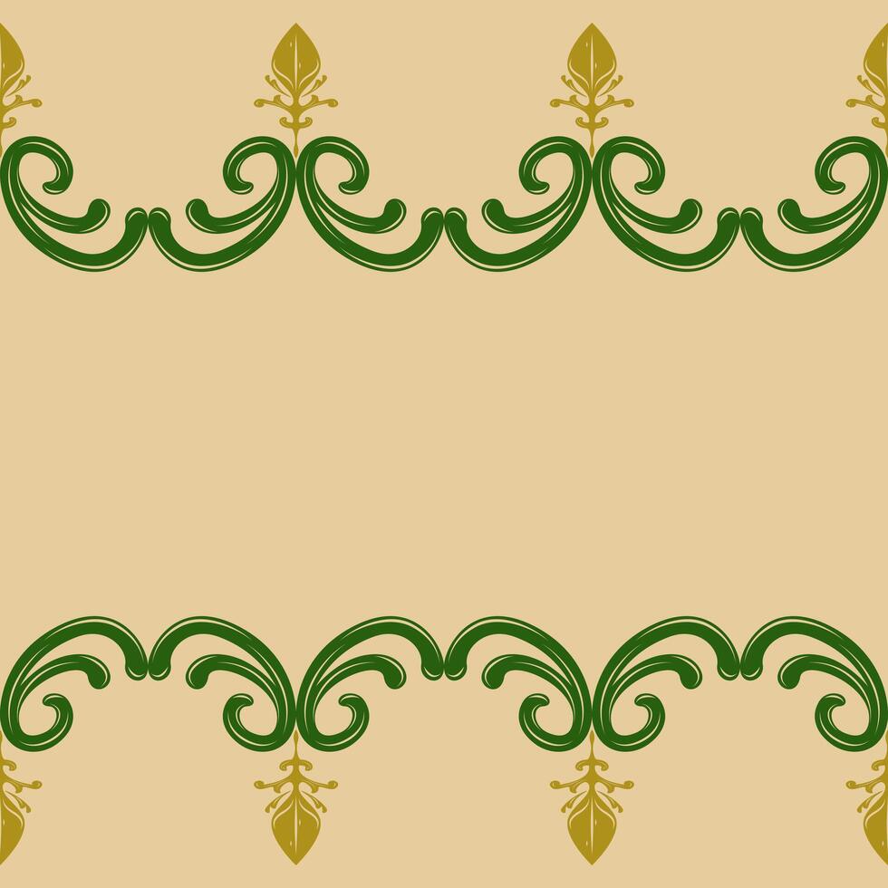 Sense of Luxury Filigree Scroll Ornament Gold and Green on Tan Beige Background Border Pattern. Royal Elegance Baroque Curly Swirl Frame for Decoration Invitation Striped Apparel Embroidery Abstract vector