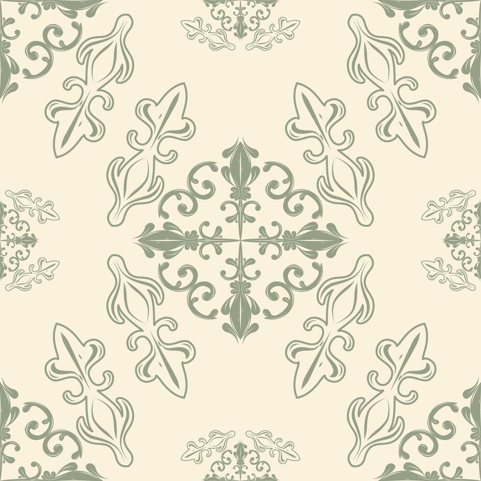 Elaborate Dreams Mythology Vibe Artwork. Royal Luxury Hand Drawn Florals Green Scroll Ornament on Beige Background Seamless Pattern. Flourish Detailed Repeat Silk Weaves Filigree Textiles Handkerchief vector