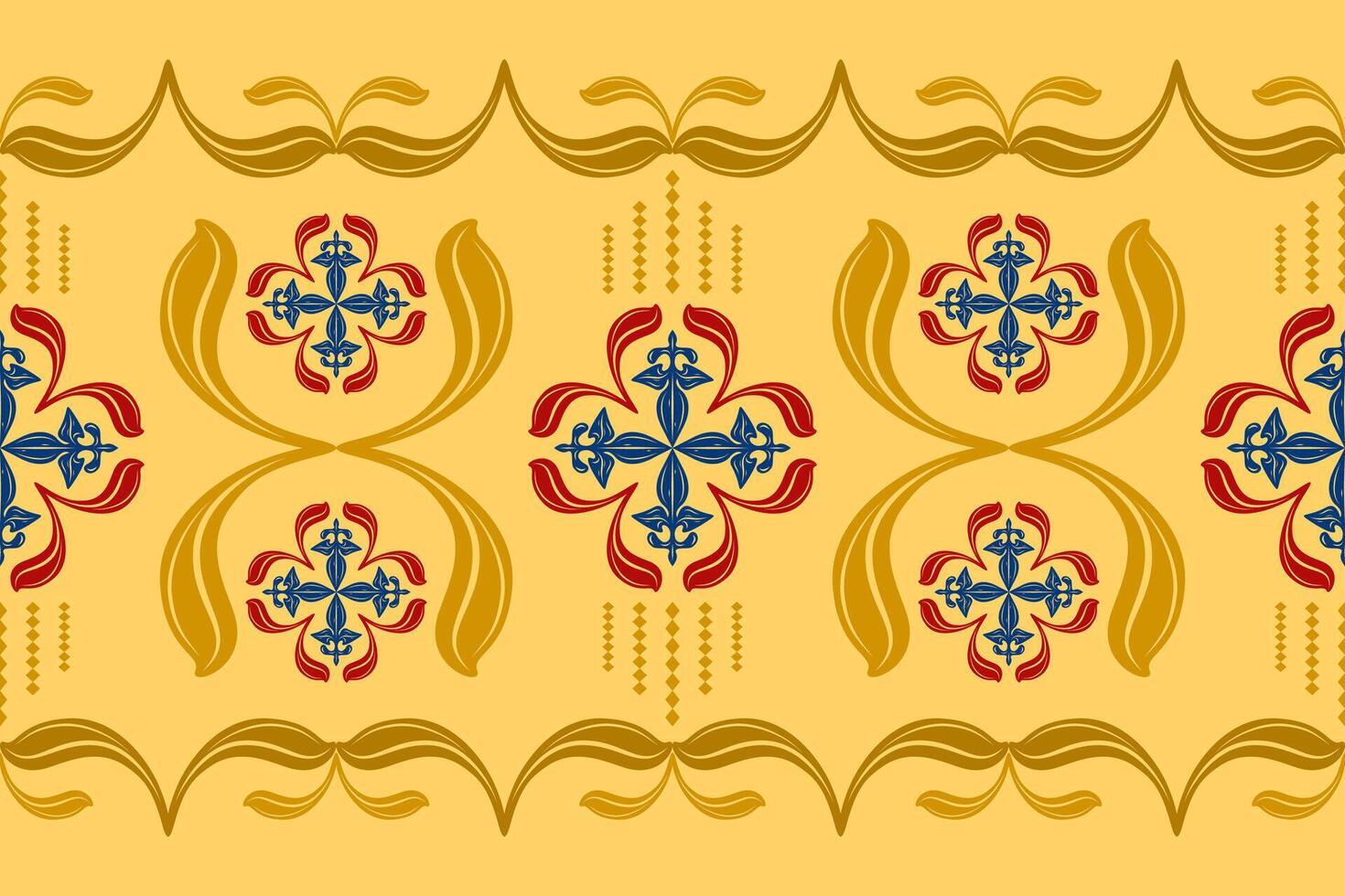 Creative Royal Ancient Motif Ornament with Red Blue Gold and Yellow Seamless Border Pattern. Exquisite Fine Abstract Leaves and Florals Medieval Style for Interior Exterior Apparel Embroidery Tile Tie vector