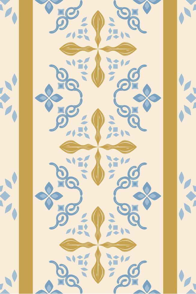 Golden Blue Striped Border Pattern Oriental Baroque Inspired Scroll Ornament Geometric Twist Luxury Fine Decoration Pattern. Light Creamy Beige Background and Cyan Exotic Florals Carpet Embroidery Rug vector