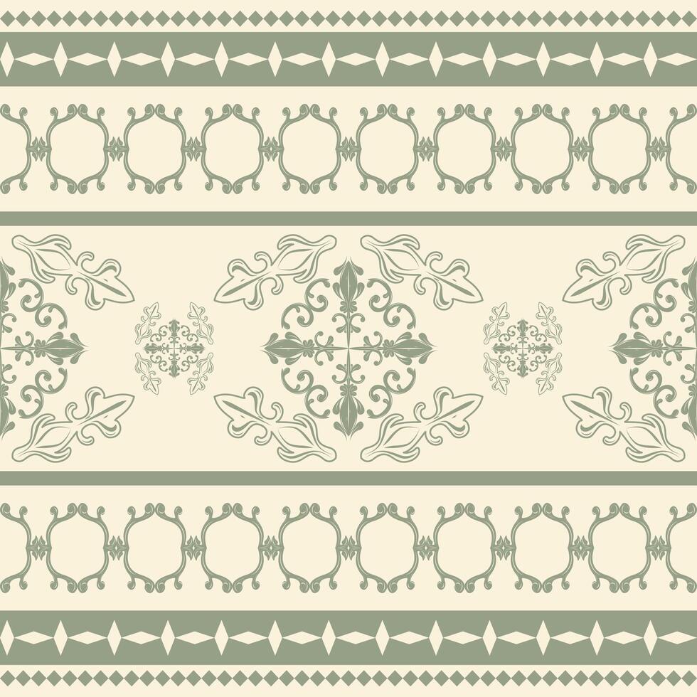 Dainty Allure Green Olive Jade Color Scroll Ornament on Light Beige Background Seamless Border Pattern. Luxury Floral Style with Opulence Decoration Hand Drawn Filigree Embroidery Iznik Kebaya Carpet vector