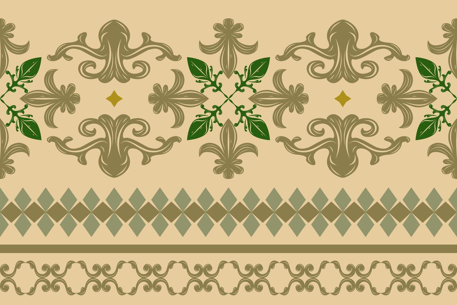 Elegance Masterpiece Medieval Fleur de lis Baroque Rococo Style Seamless Border Pattern. Marvelous Green Emerald Grandiose with Gold Ornament on Tan Beige Background. Tiles Carpet Curtain Apparel Silk vector