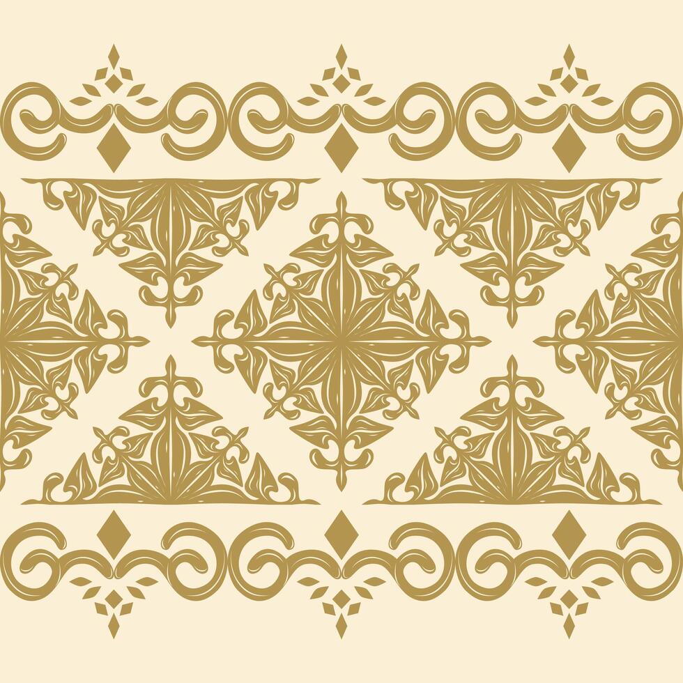 Artistic Flourish Elegance Damask Abstract Florals with Gold Filigree Detailed Baroque Style Diamond for Royal Silk Weaves Seamless Border Pattern for Tiles Ceramic Floor Interior Apparel Embroidery vector