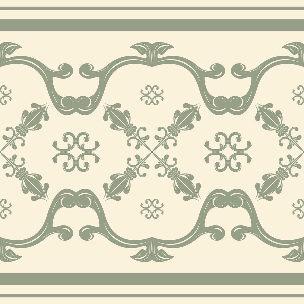 Beautiful Sense of Moroccan Charming Seamless Delicate Scroll Ornament Green Jade on Beige Background Border Pattern. Luxury Cool Summer Desert for Elaborate Decoration Filigree Embroidery Mosaic Lace vector