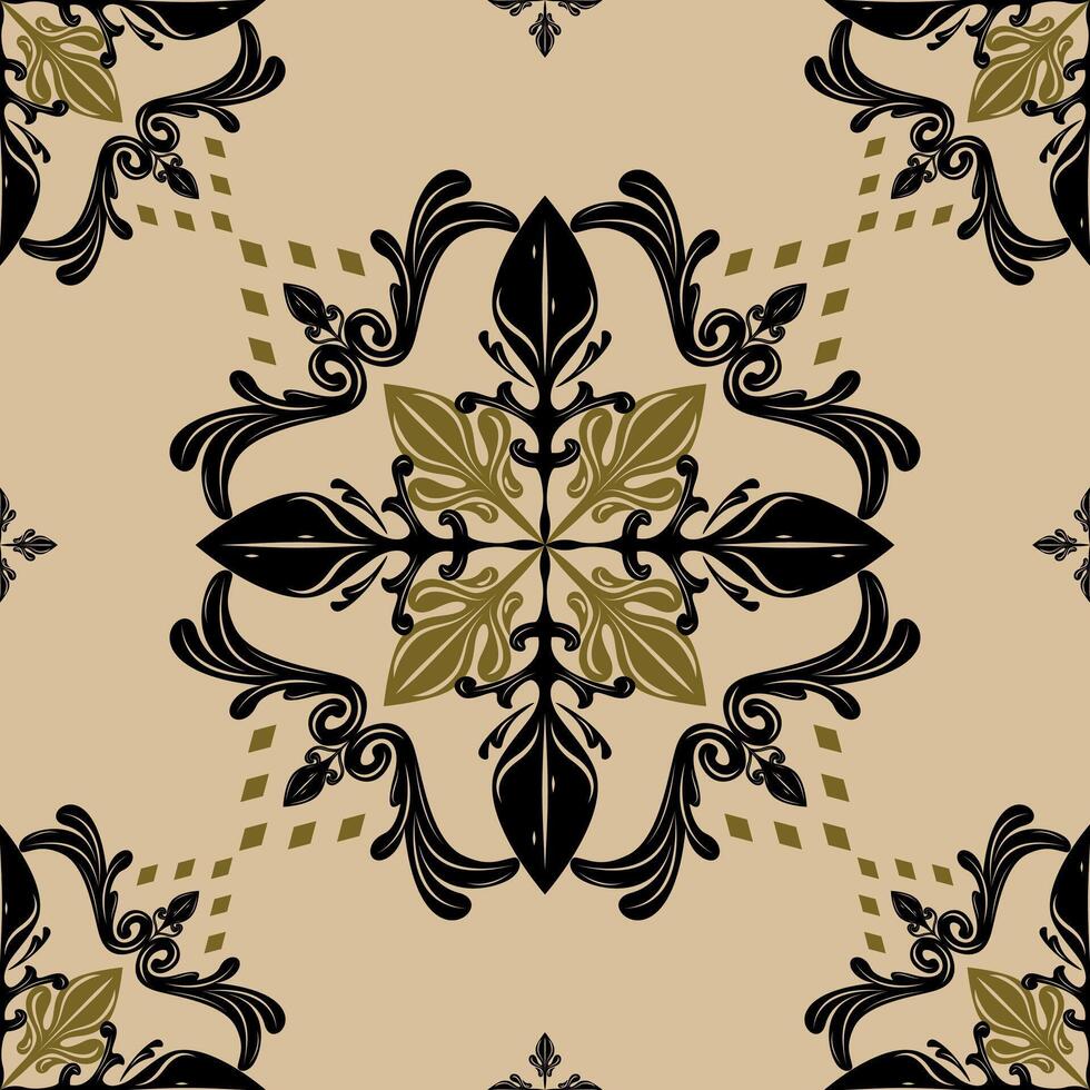 Charming Tasteful Royal Black and Gold Intricate Florals Ornament on Tan Background Border Pattern. Artistry Baroque Scroll Ornament Geometric Diamond Decoration for Embroidery Wallpaper Backdrop Tile vector