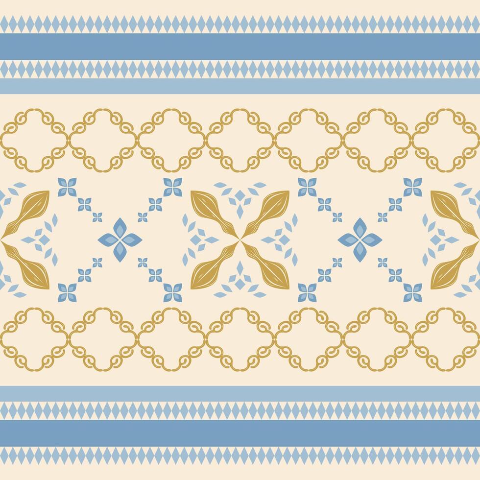 Expensive Royal Silk Weaves Elaborate Charming Florals Arranged With Blue Gold Scroll Ornament Border Pattern. Fine Medieval Neo Classic Luxury Style for Fabrics Textiles Texture Apparel Mosaic Banner vector