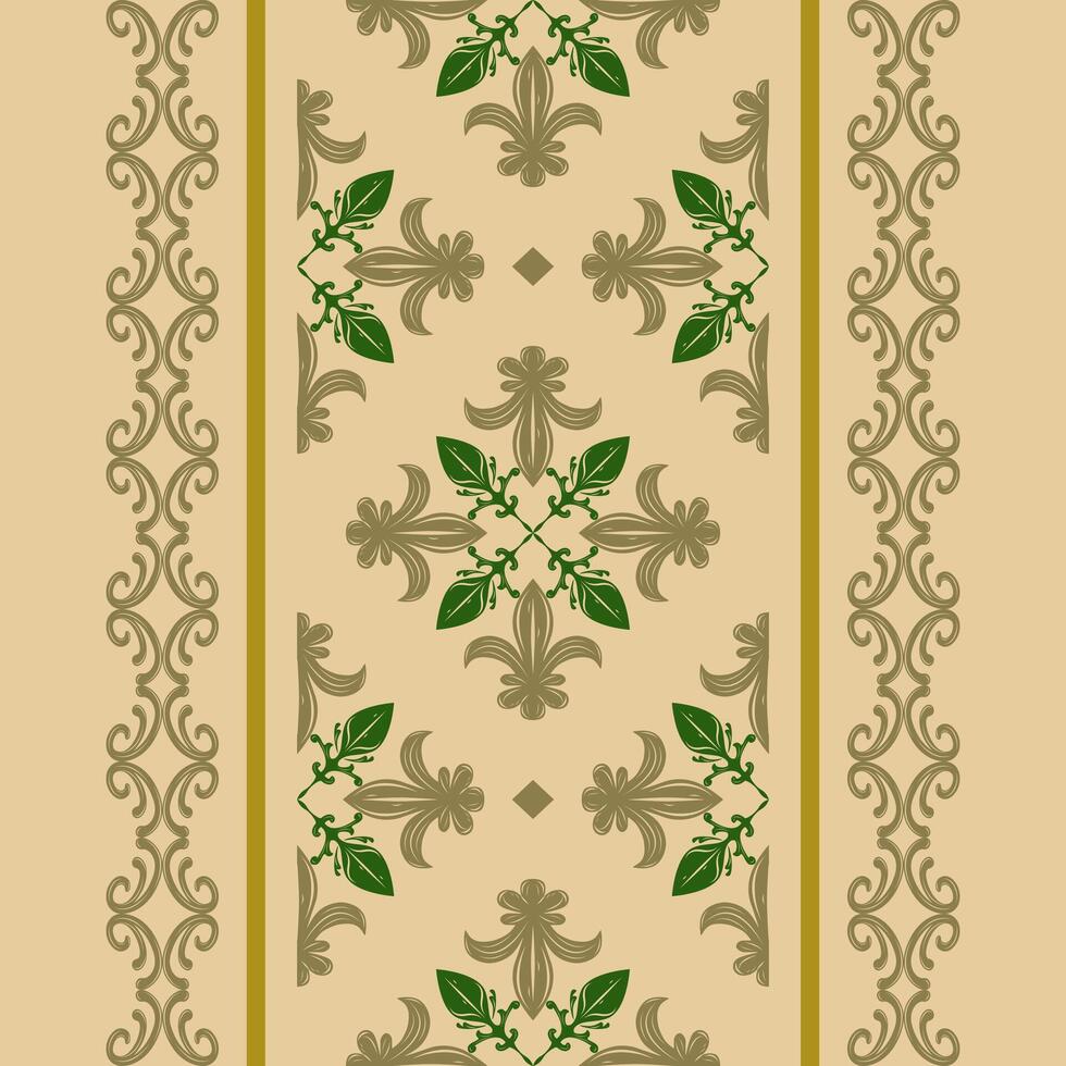 Baroque Oasis Ancient Inspired Filigree Scroll Ornament with Deep Green Lusty Gold on Tan Beige Background. Royal Luxury Summer Renaissance Cross Florals Element for Apparel Scarf Tiles Border Pattern vector