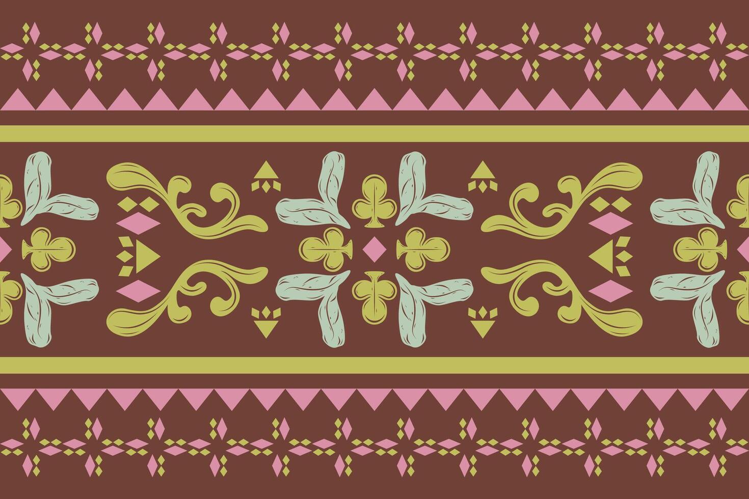 Artistic Delicate Luxury Scroll Ornament Greenish Mint Pink on Dark Brown Background Botanical Style Pattern. Geometric Motif and Mythology Bohemian Decoration for Border Striped Embroidery Cloth Lace vector