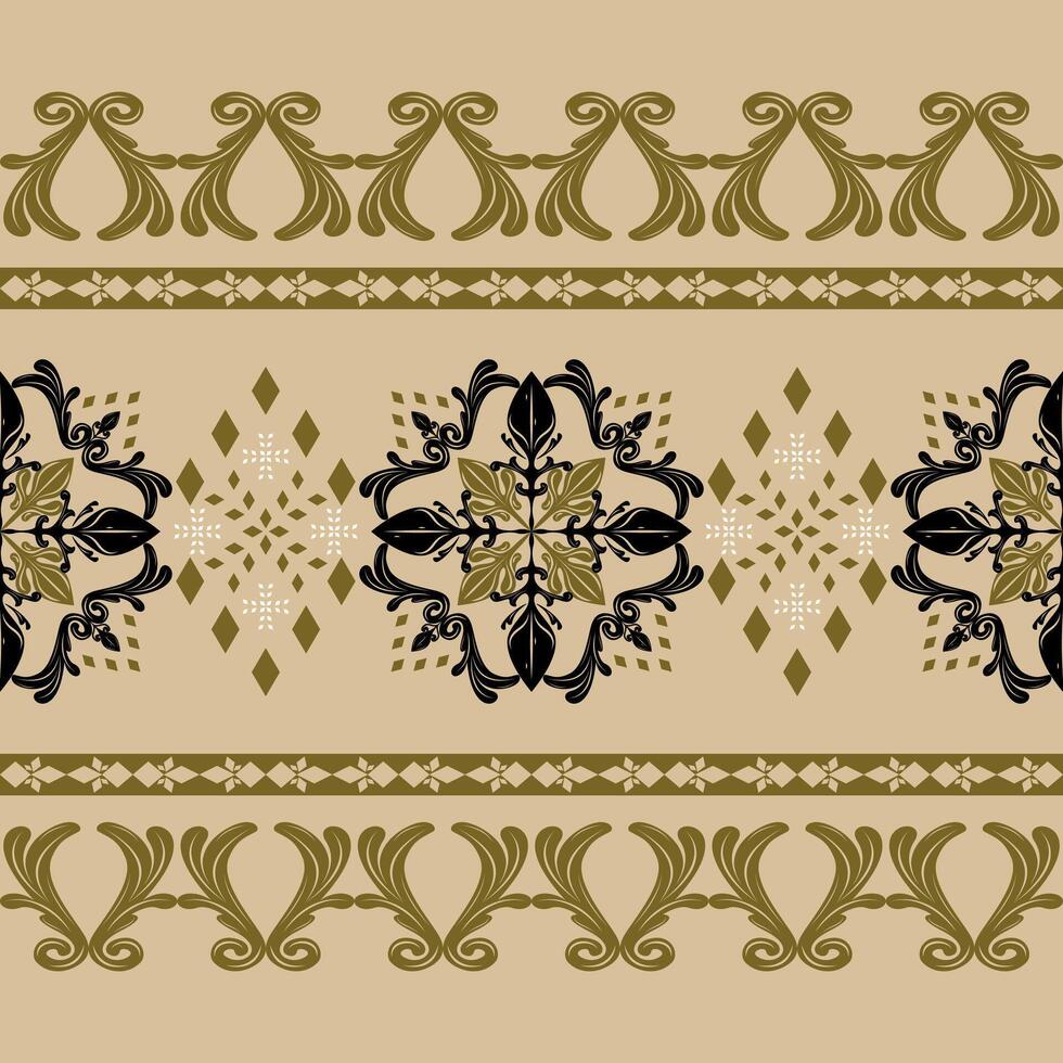 Golden Damask Victorian Baroque Rococo Combine Era Scroll Ornament With Royal Gold White Black on Tan Beige Background. Elegance Ikat Luxury Border Pattern for Apparel Bedding Embroidery Mattress Lace vector