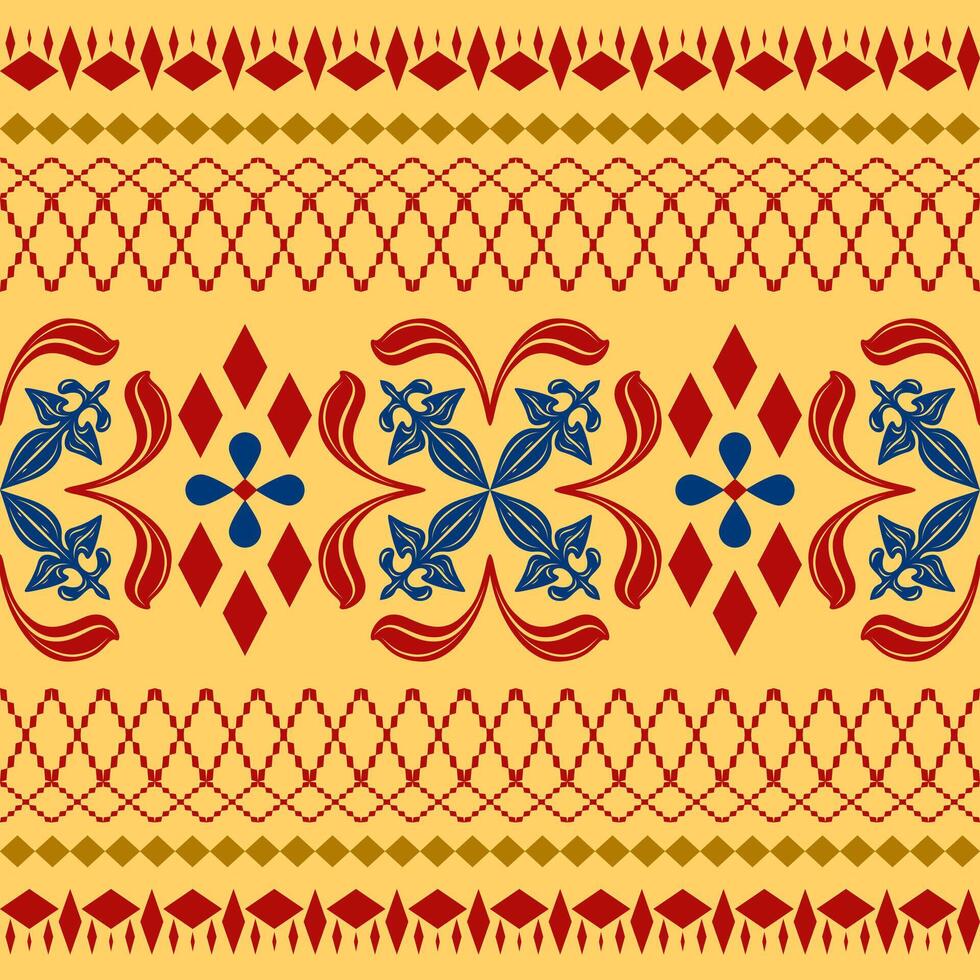 Baroque and Classical Floral Motif Shine and Elegance Red Blue Gold on Yellow Background. Delicate Harmony Geometric Border Pattern for Wealth Opulence Decoration Style Apparel Embroidery Royal Design vector