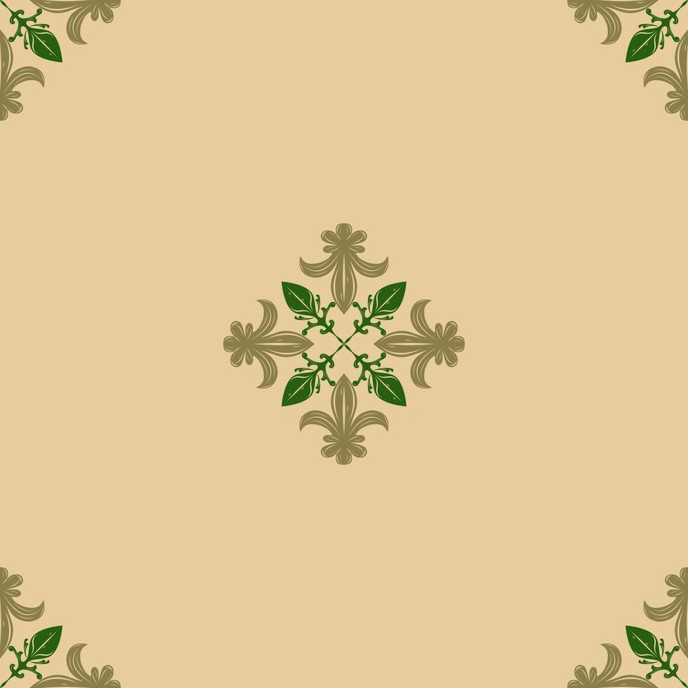 Renaissance Botany Seamless Royal Green Gold Scroll Ornament on Beige Background Repeat Detailed Pattern. Luxury Blooming Fleur de lis Cross Lily Royal Tiles Floor Design Mosaic Ceramic Rug Embroidery vector