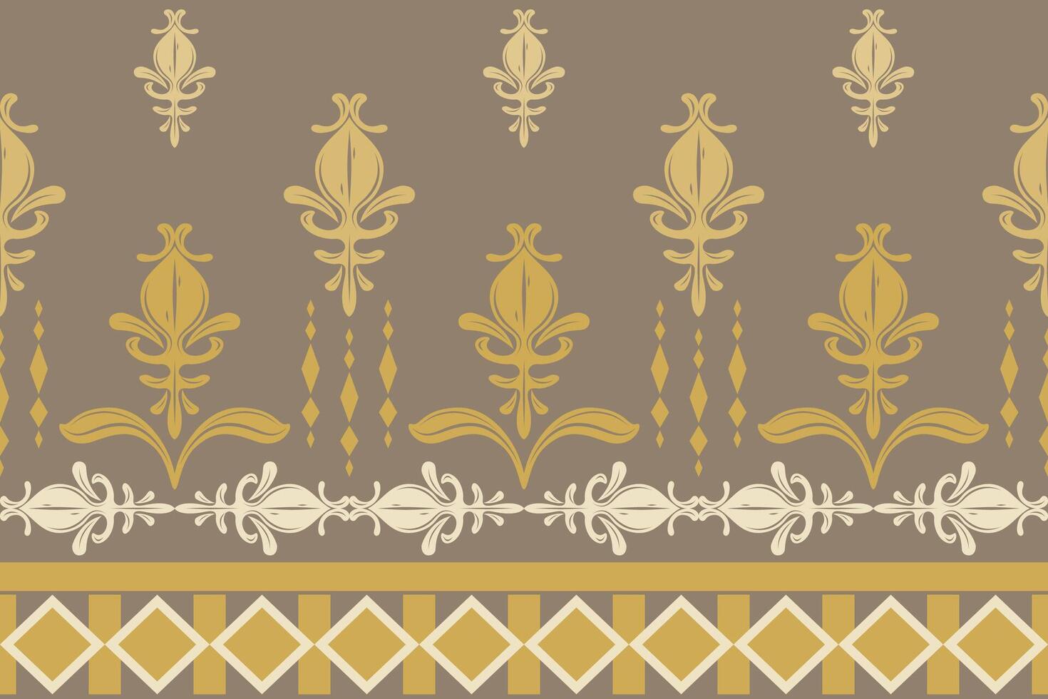 Classical Medieval Damask with Gold Linear Shades On Brown Background. Delicate Old Money Style Pattern Fleur de lis Elegance Ornament Autumn Florals Geometric Combine Embroidery Border Scarf Knitting vector