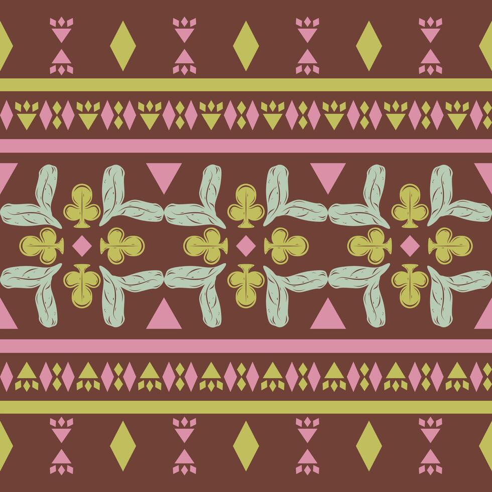 Geometric Traditional Motif Tribal Combine Fleur de lis Scroll Ornament Border Pattern with Embroidery Green Pink Mint on Dark Brown Background. Delicate Beautiful Ancient Boho Luxury Style Decoration vector