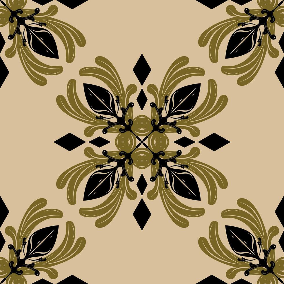 Historical Classic Abstract Damask Florals Luxury Geometric Scroll Ornament with Gold and Black on Tan Background Seamless Pattern. Elegance Intricate Detailed Baroque Repeat for Rich Decoration Style vector