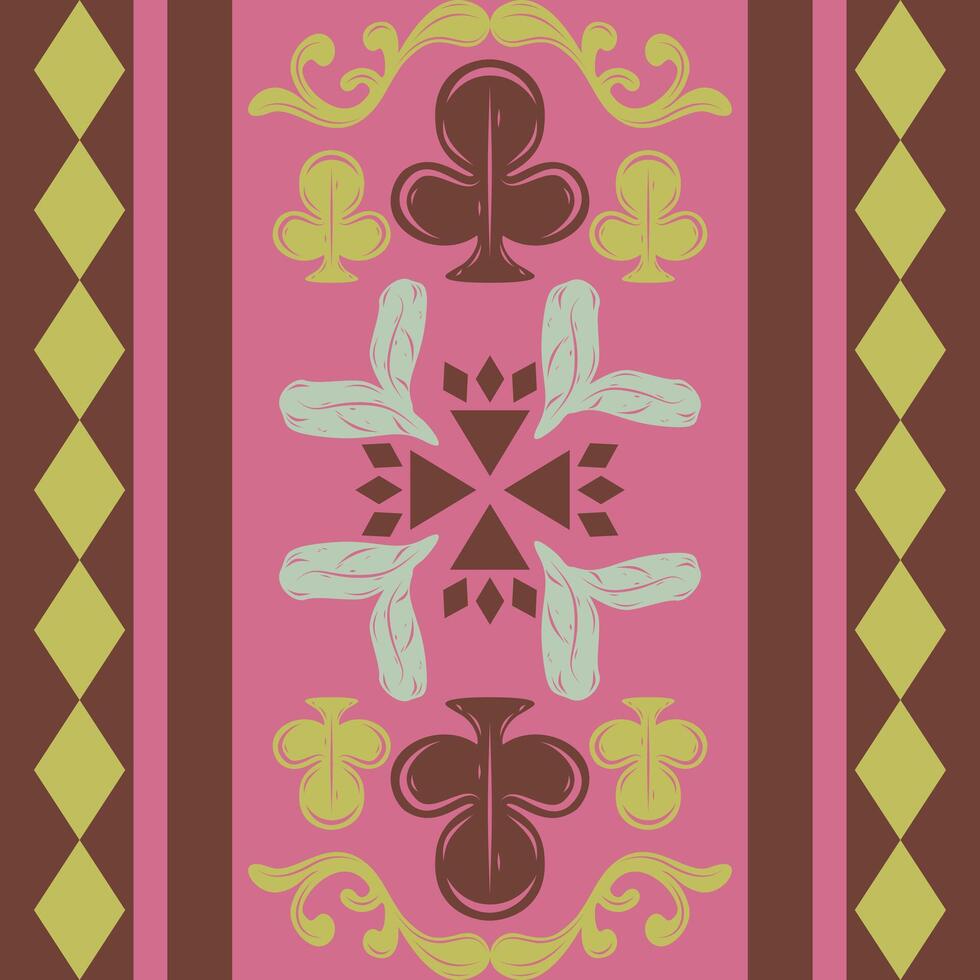 Sweet Bohemian Scroll Whimsical Ornament Pink Green on Dark Brown Chocolate Background. Delicate Hand Drawn Pattern Spade and Blooming Geometric Diamond Shape For Retro Decoration Border Embroidery vector