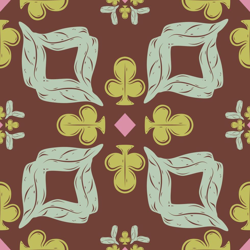 Detailed Seamless Elegance Abstract Botany and Oracle Spade Wonderland Pattern with Greenish Shades Pink on Brown Background. Sweet and Yummy Dessert Inspired For Decoration Print Interior Textile Rug vector