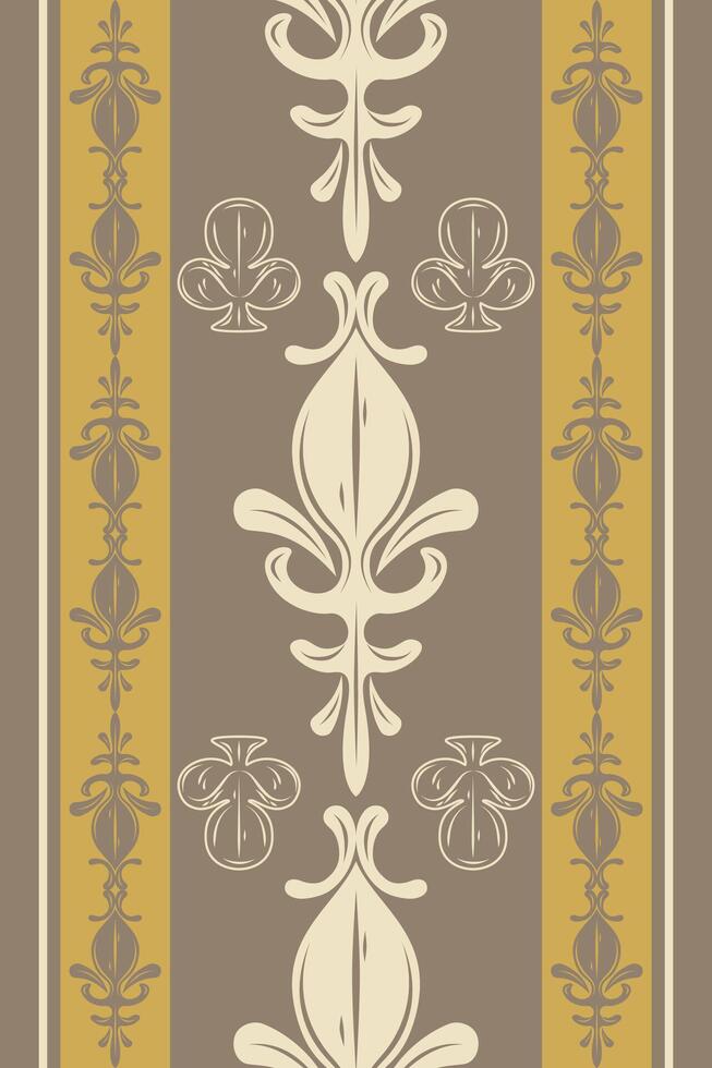 Abstract Elaborate Old Money White Brown Gold Theme. Fleur de lis Spade Medieval Renaissance Border Pattern with Luxury Scroll Ornament Decoration Embroidery Silk Weaves Handicraft Damask Royal Style vector
