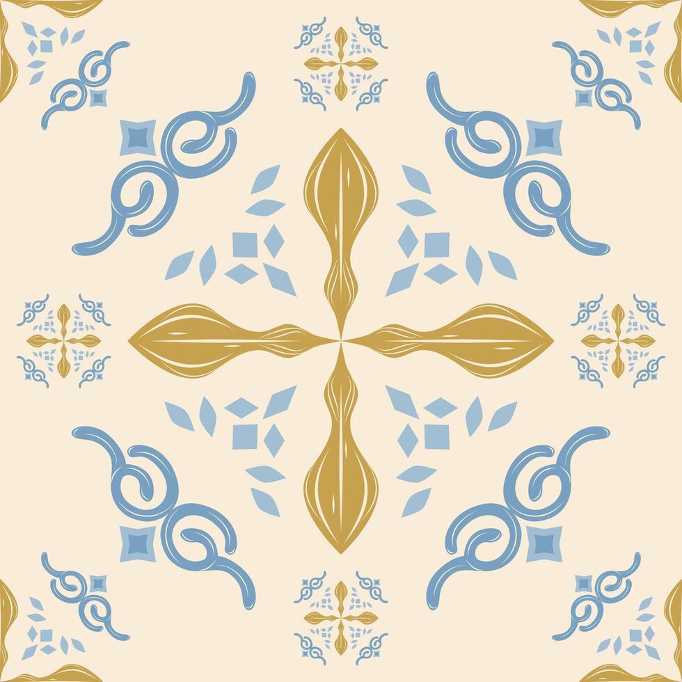 Flourish Delicate Detailed of Luxury Abstract Scroll Baroque Ornament with Blue and Gold on Light Beige Background Rich Elegance Medieval Seamless Pattern for Tiles Floor Decoration Paint Mosaic Batik vector