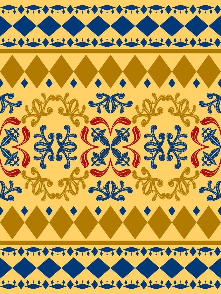 Royal Elegance Colorful Carnival Argyle Inspired Seamless Pattern with Luxury Baroque Ornament Gold Red Navy Blue on Yellow Background. Elaborate Honor Charming Border Embroidery Attire Apparel Scarf vector