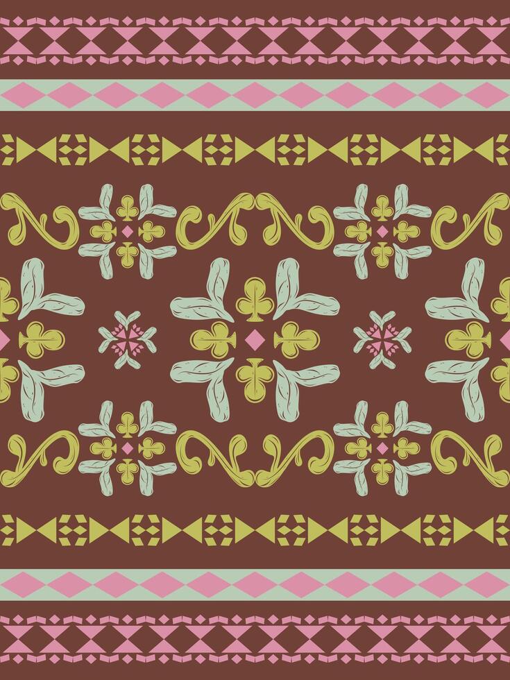 Sweet Dreamy Bohemian With Pink Green Mint Blooming Wines on Dark Brown Background. Whimsical Delicate Seamless Border Pattern Scroll Ornament and Geometric Style for Embroidery Canvas Bag Scarf Weave vector