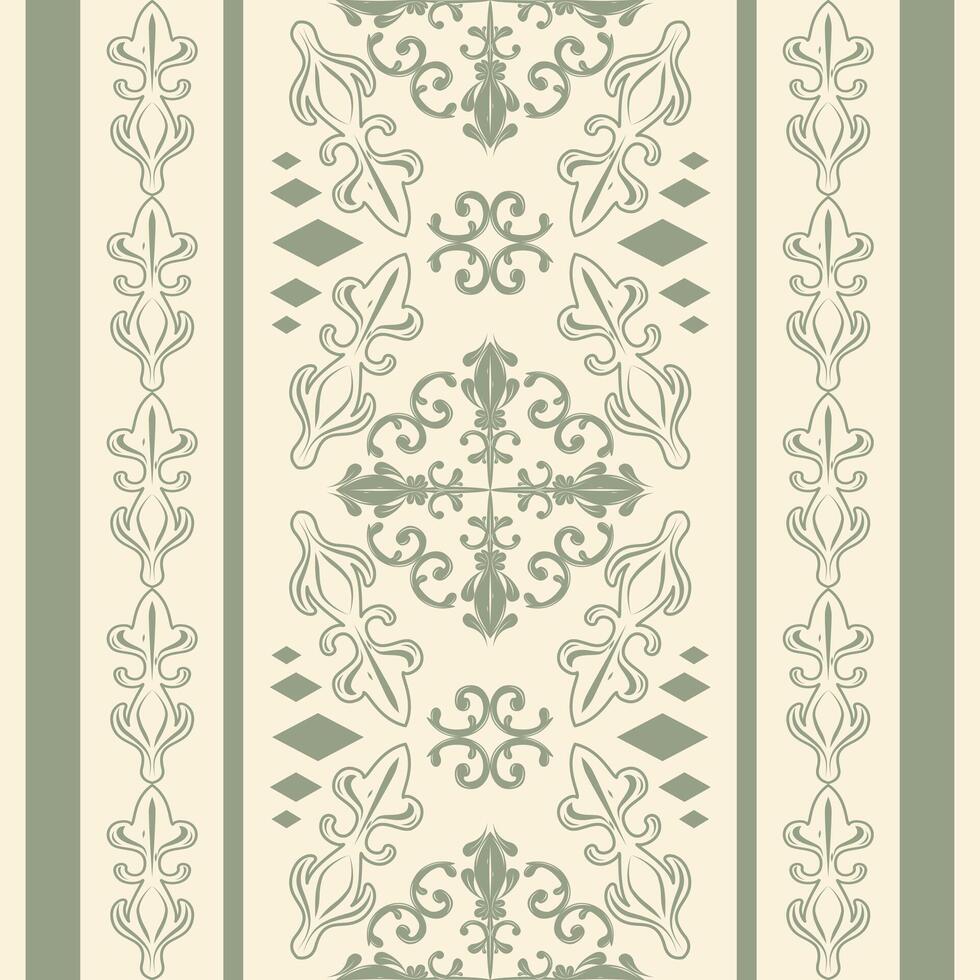 Delicate Exquisite Detailed of Botany Baroque Filigree Fleur de lis with Green Olive Scroll Ornament Diamond Geometric on Cream Background. Luxury Classy Rococo Seamless Border Pattern Embroidery Lace vector