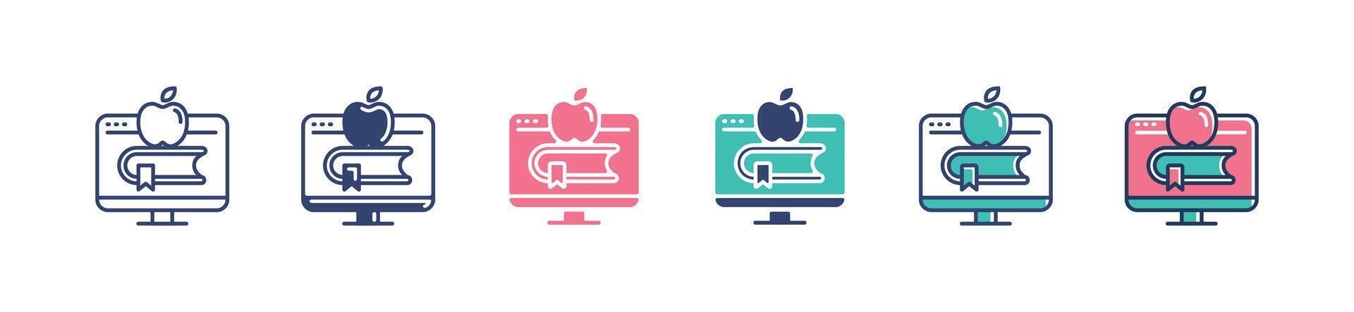 monitor digital library book icon set online course literature education learning media illustration with book and apple stack signs for web and app vector
