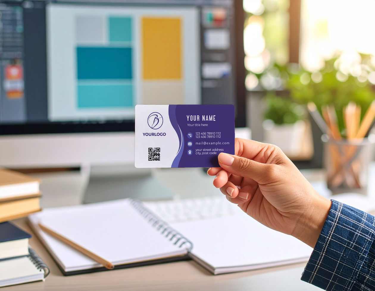 Person Holding Card Mockup Against Computer Screen Background psd