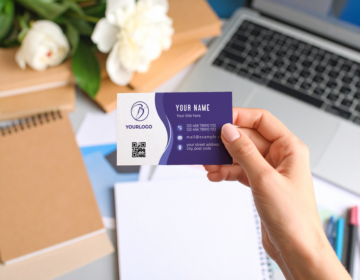 Woman Hand Displaying Business Card Mock Up Professional Office psd