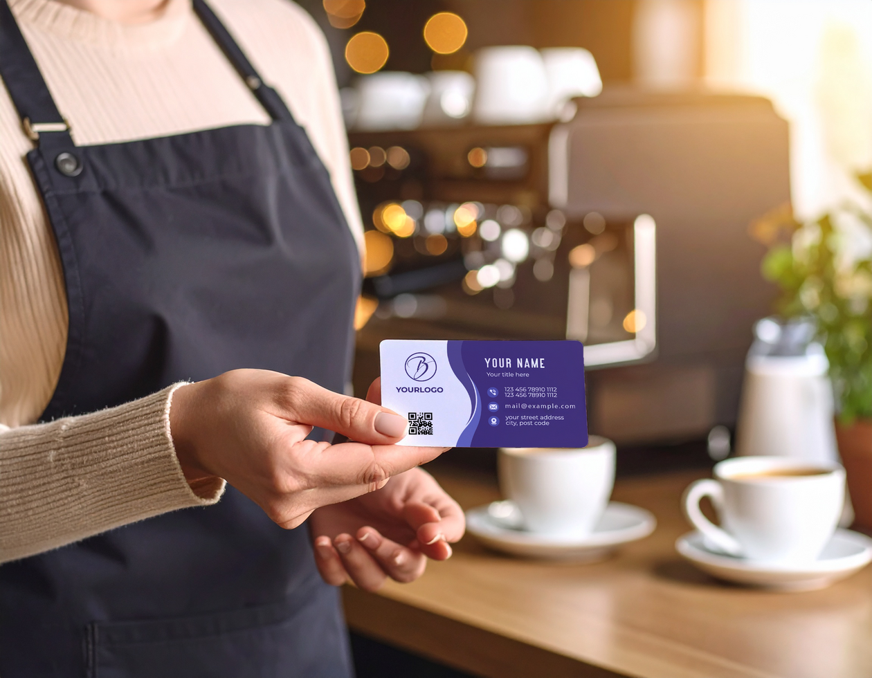 Barista Holding Loyalty Card Mockup in Coffee Shop psd