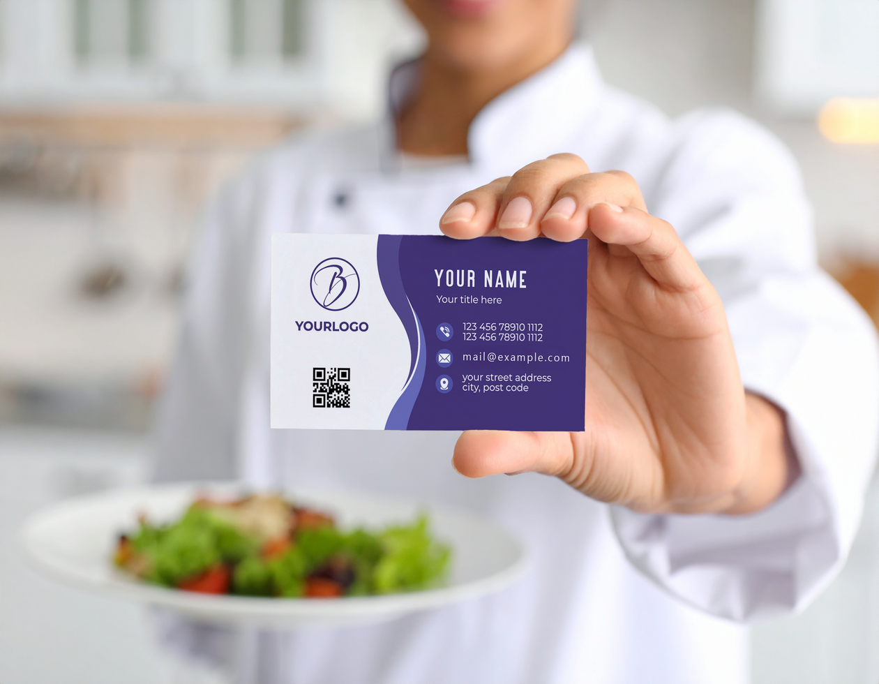 Chef Hand Holding Name Card Mockup with Salad Background psd