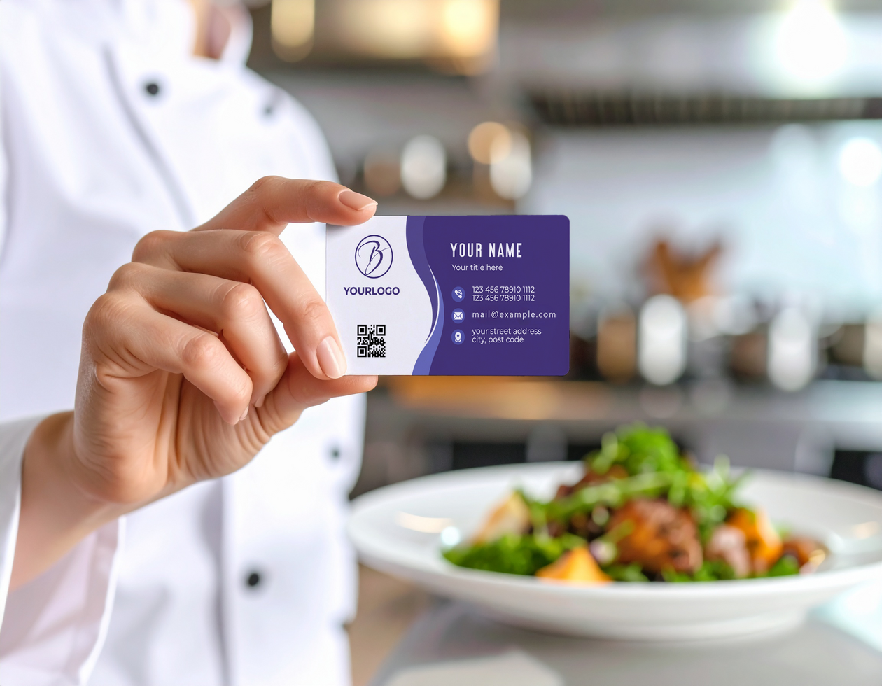Culinary Business Card Mockup Template in Professional Kitchen Setting psd