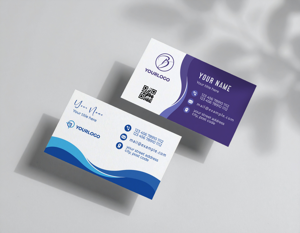 Two Business Cards Mockup on Gray Surface with Leaf Shadows psd