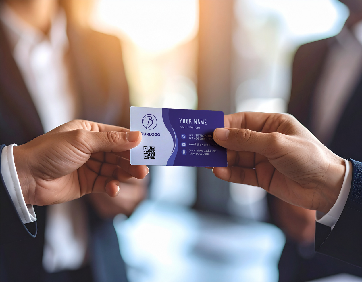 Two Business People Exchanging Business Card Mock Up psd