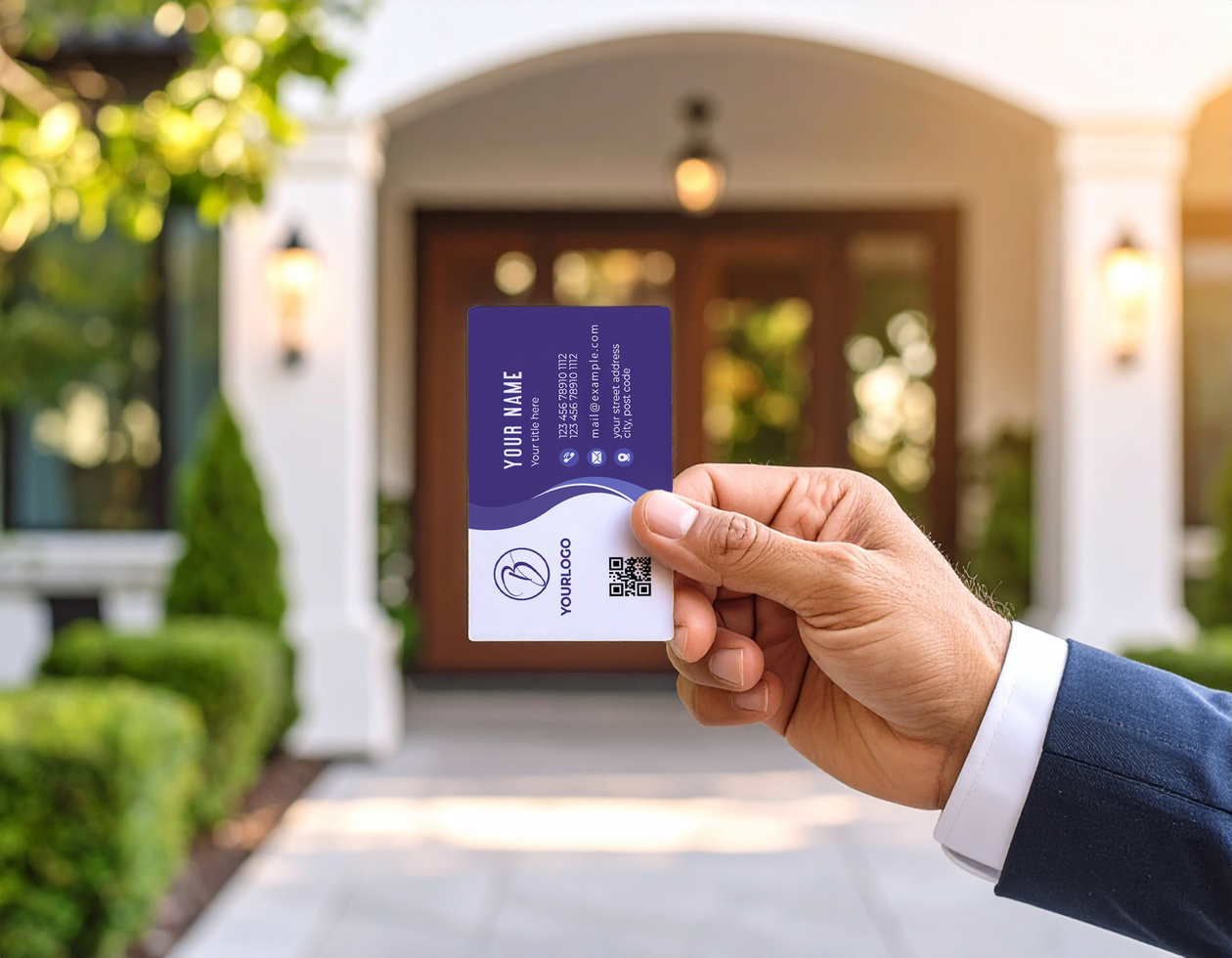 Real Estate Business Card Mockup with House Setting psd