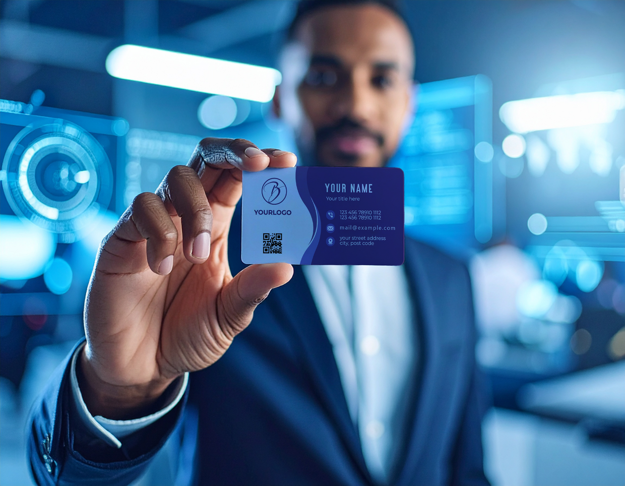 Businessman Holding Card Mockup with Digital Technology Background psd