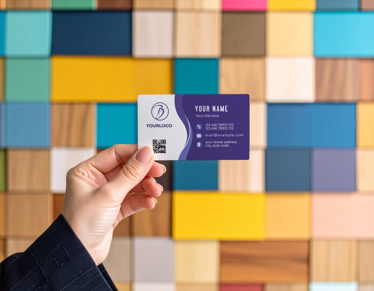 Business Card Mockup Against Colorful Square Tiles Background psd