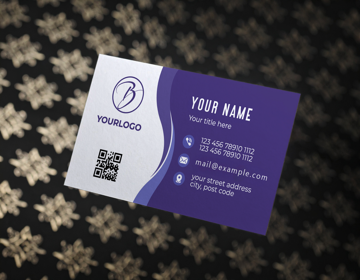 Card Mockup Floating Against Dark Gold Pattern Surface psd