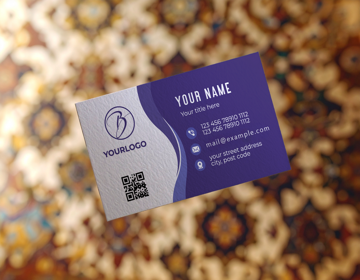 Card Mockup Hovering Over Ornate Patterned Rug psd