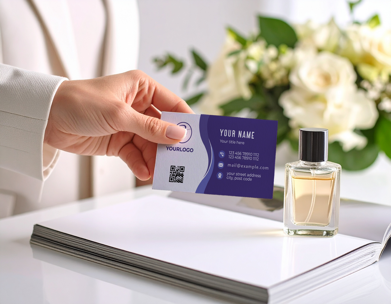 Woman Holding Business Card Mock Up with Perfume Magazine Background psd