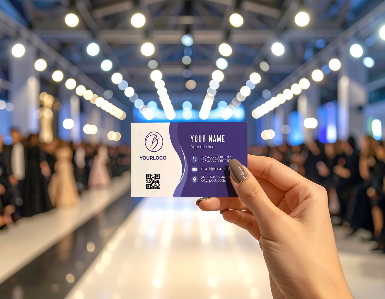 Woman Hand Name Card Mockup Fashion Show Runway Background psd