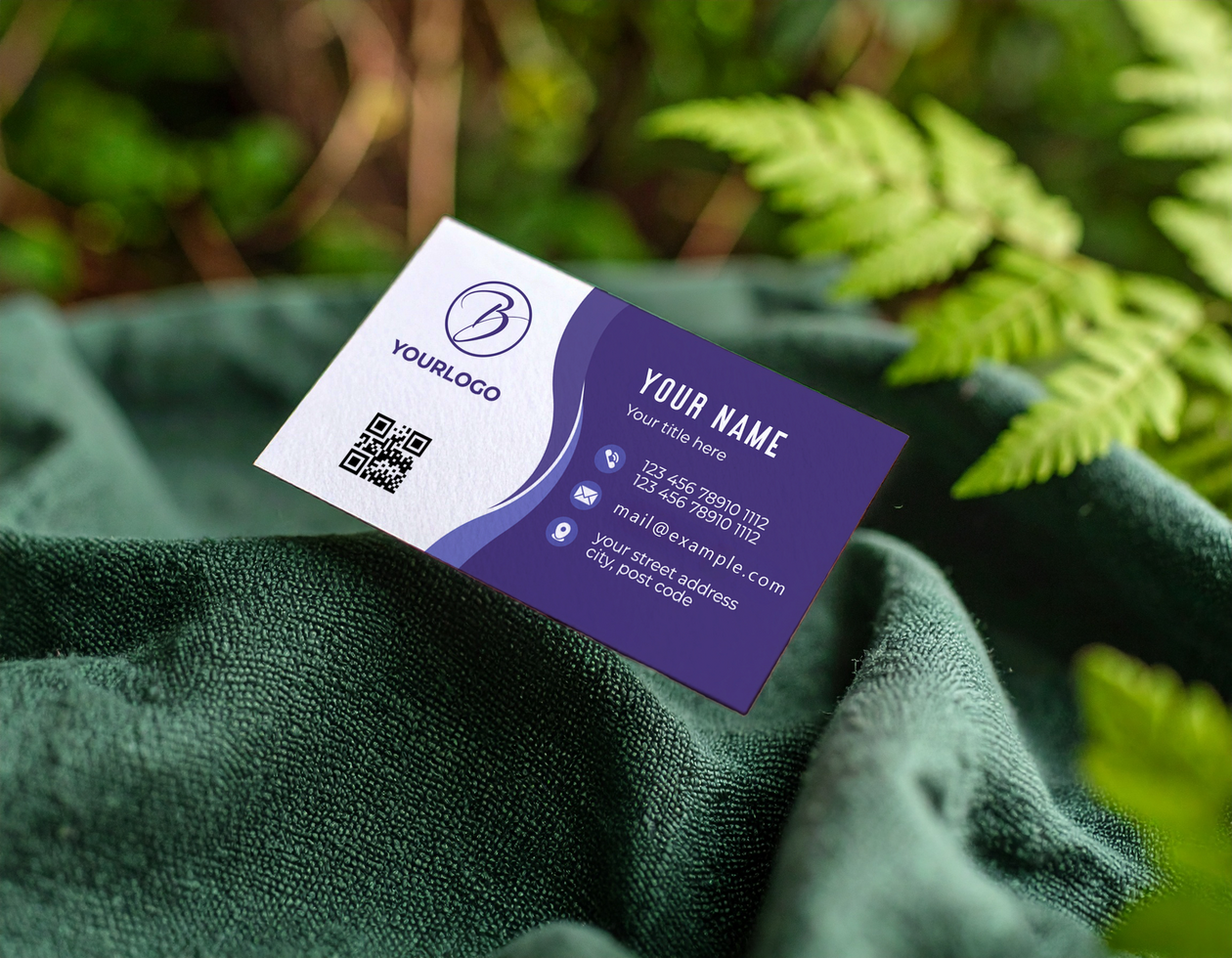Card Mockup Template Floating Dark Green Fabric Natural Background psd