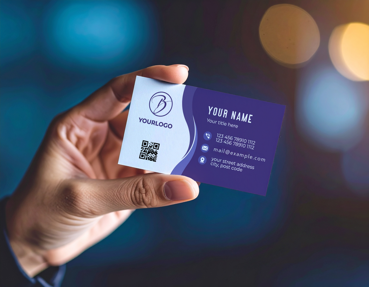 Hand Holding Business Card Mockup Dark Blue Golden Bokeh Lights psd