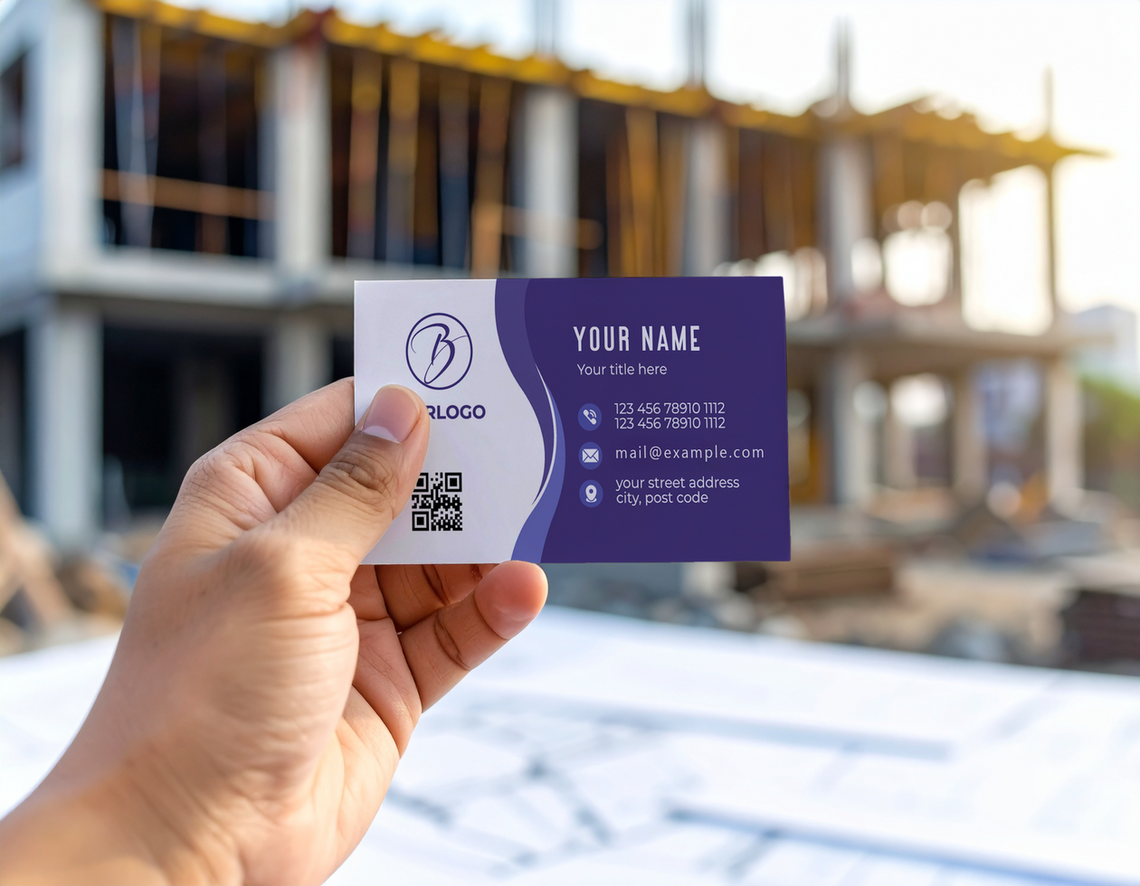Construction Business Card Mock Up Building Blueprint Background psd