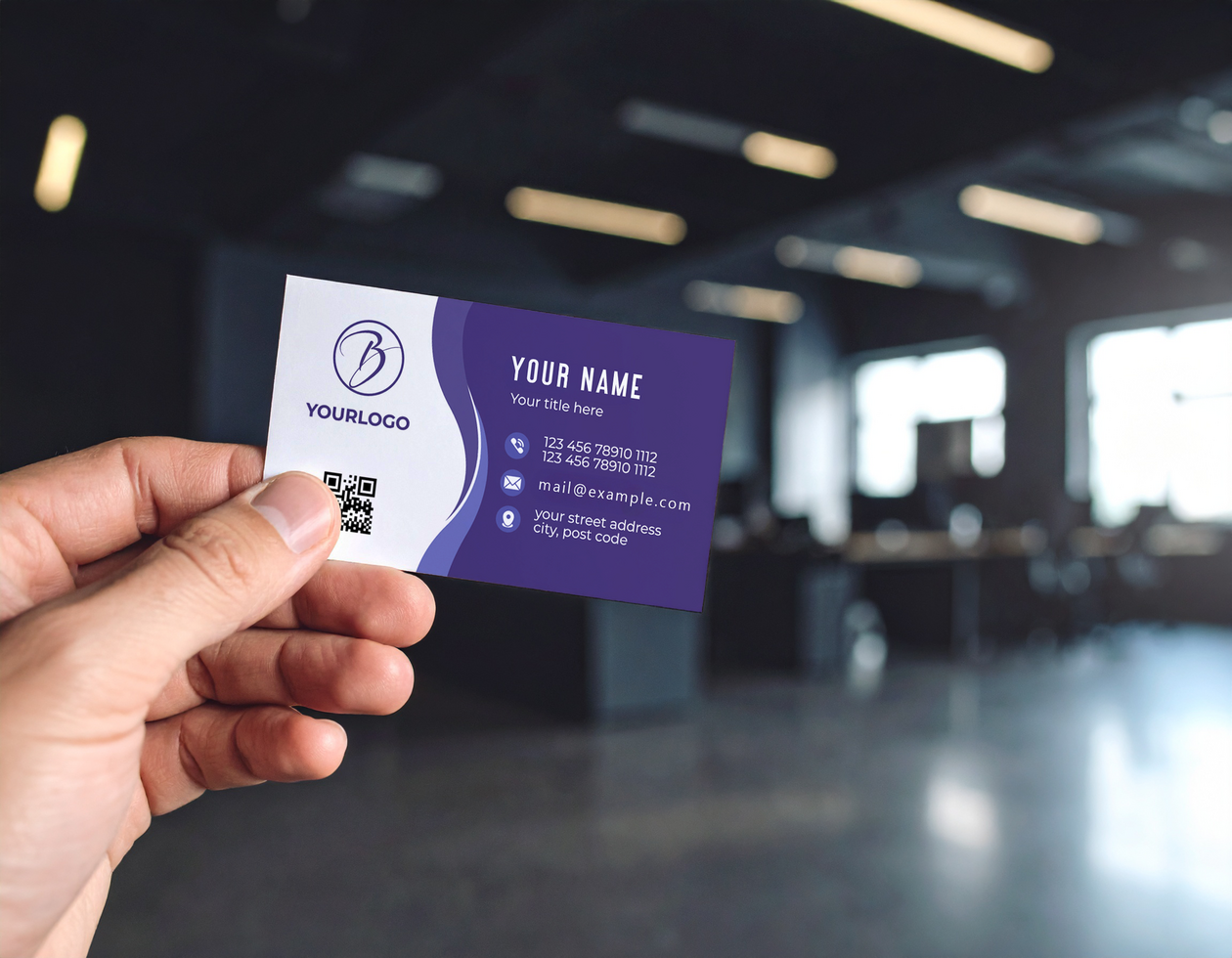 Hand Business Card Mockup Modern Office Space Background psd
