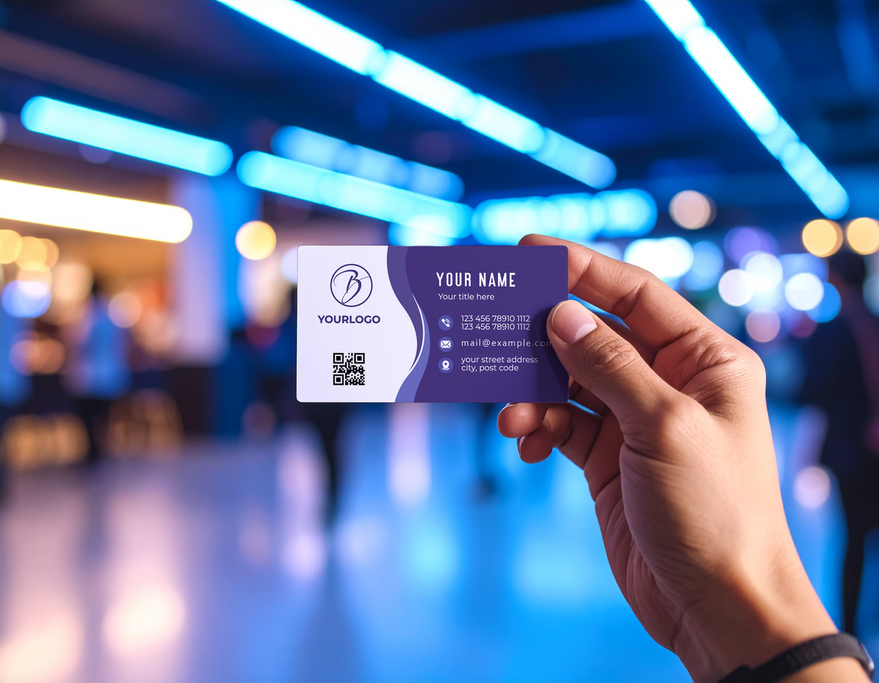Business Card Mockup Against Blue Urban Lights Bokeh Effect psd