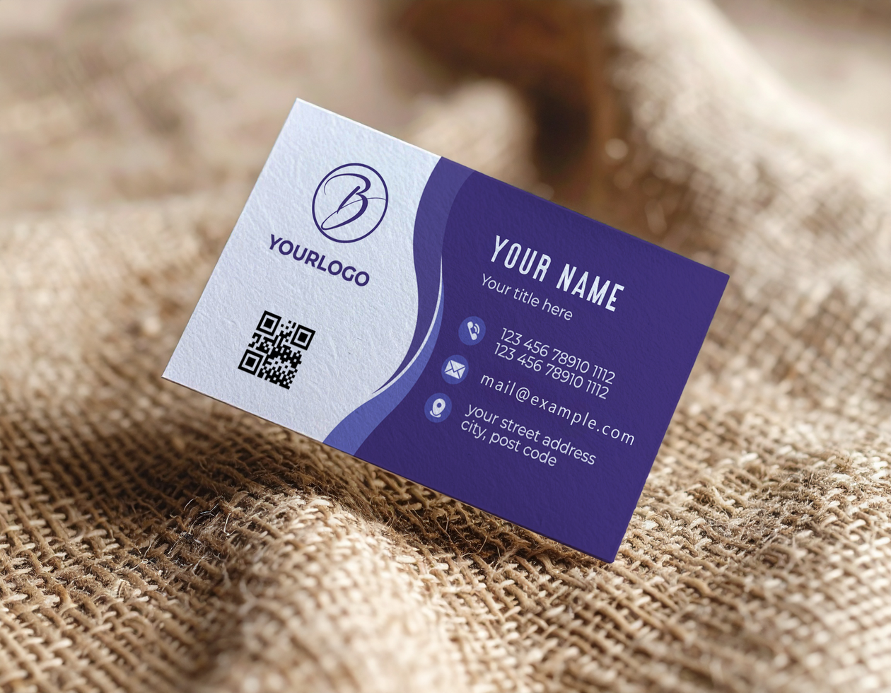 Business Card Mockup Hovering Brown Burlap Textured Background psd